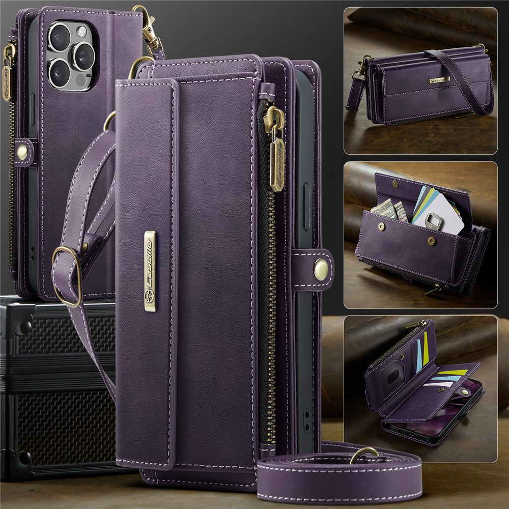 CASEME For iPhone 14 Pro Max Case  C39 RFID Blocking Zipper Wallet Stand Leather Cover with Strap