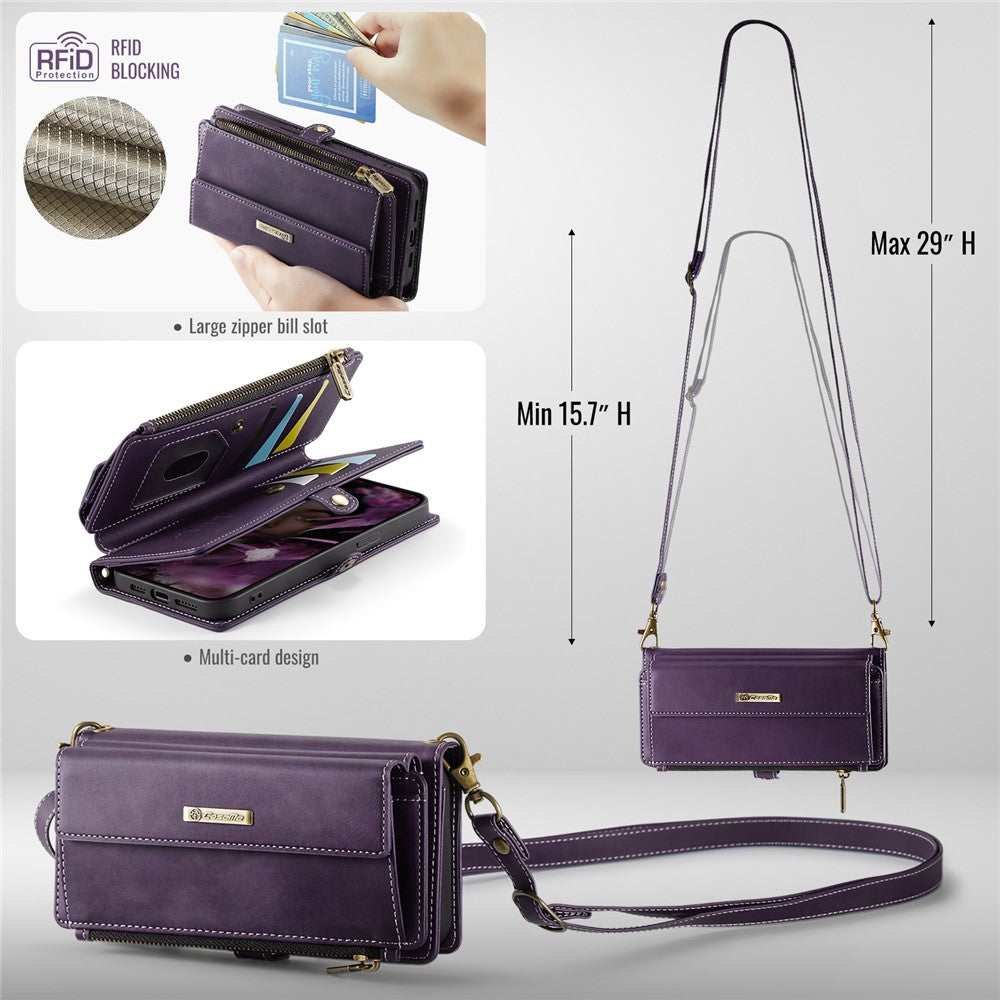 CASEME For iPhone 14 Pro Max Case  C39 RFID Blocking Zipper Wallet Stand Leather Cover with Strap