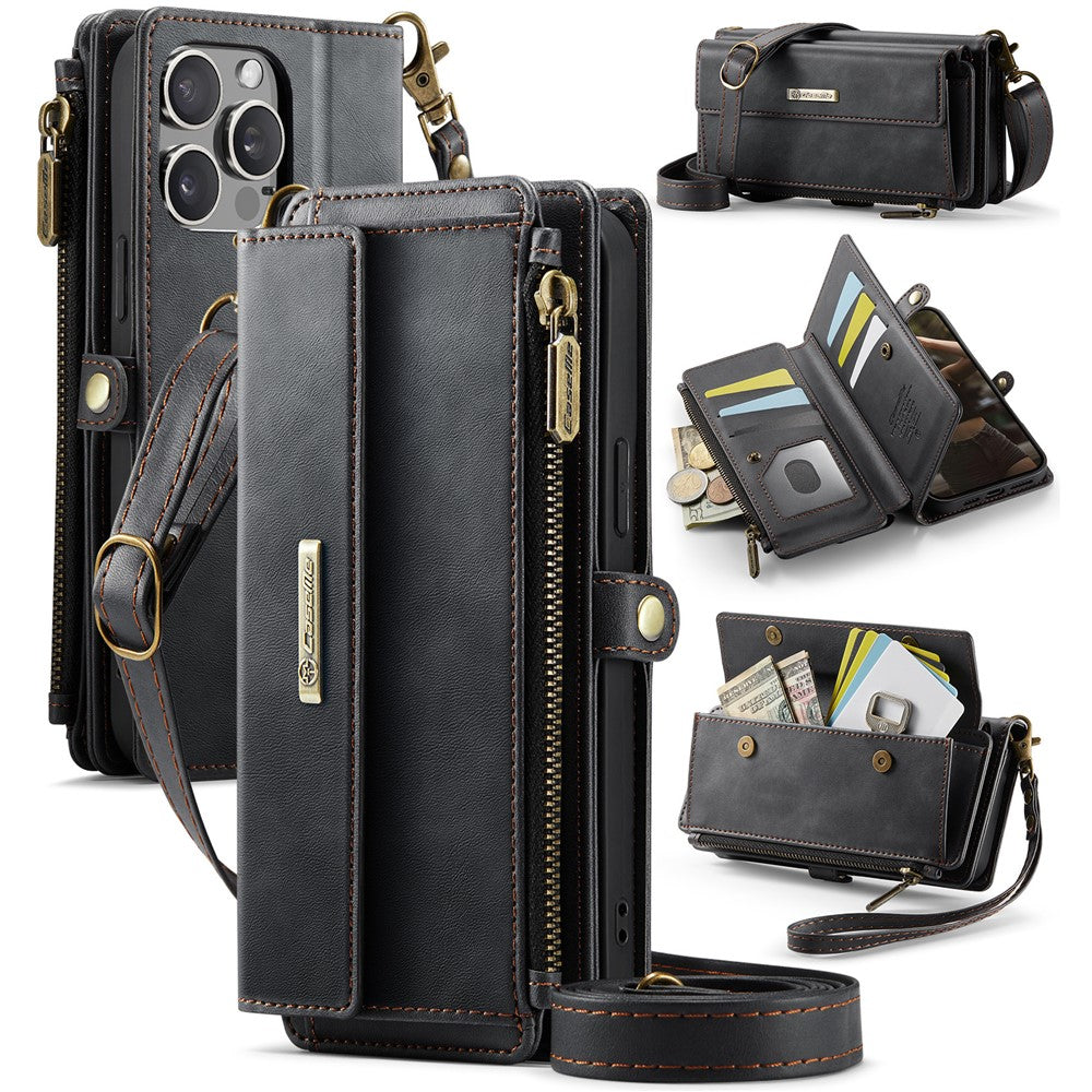 CASEME For iPhone 14 Pro Max Case  C39 RFID Blocking Zipper Wallet Stand Leather Cover with Strap