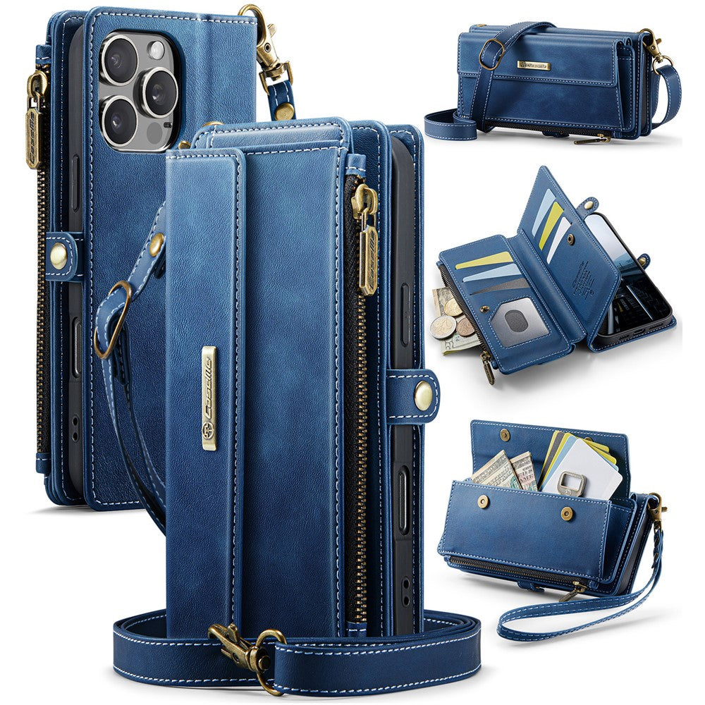CASEME For iPhone 14 Pro Max Case  C39 RFID Blocking Zipper Wallet Stand Leather Cover with Strap