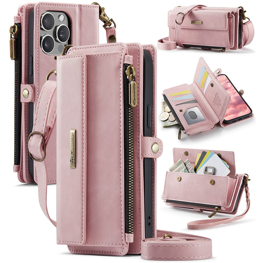 CASEME For iPhone 14 Pro Max Case  C39 RFID Blocking Zipper Wallet Stand Leather Cover with Strap