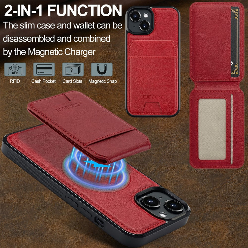 LC.IMEEKE L3 For iPhone 15 Plus Magnetic Case Detachable Card Holder Leather+TPU Mobile Cover