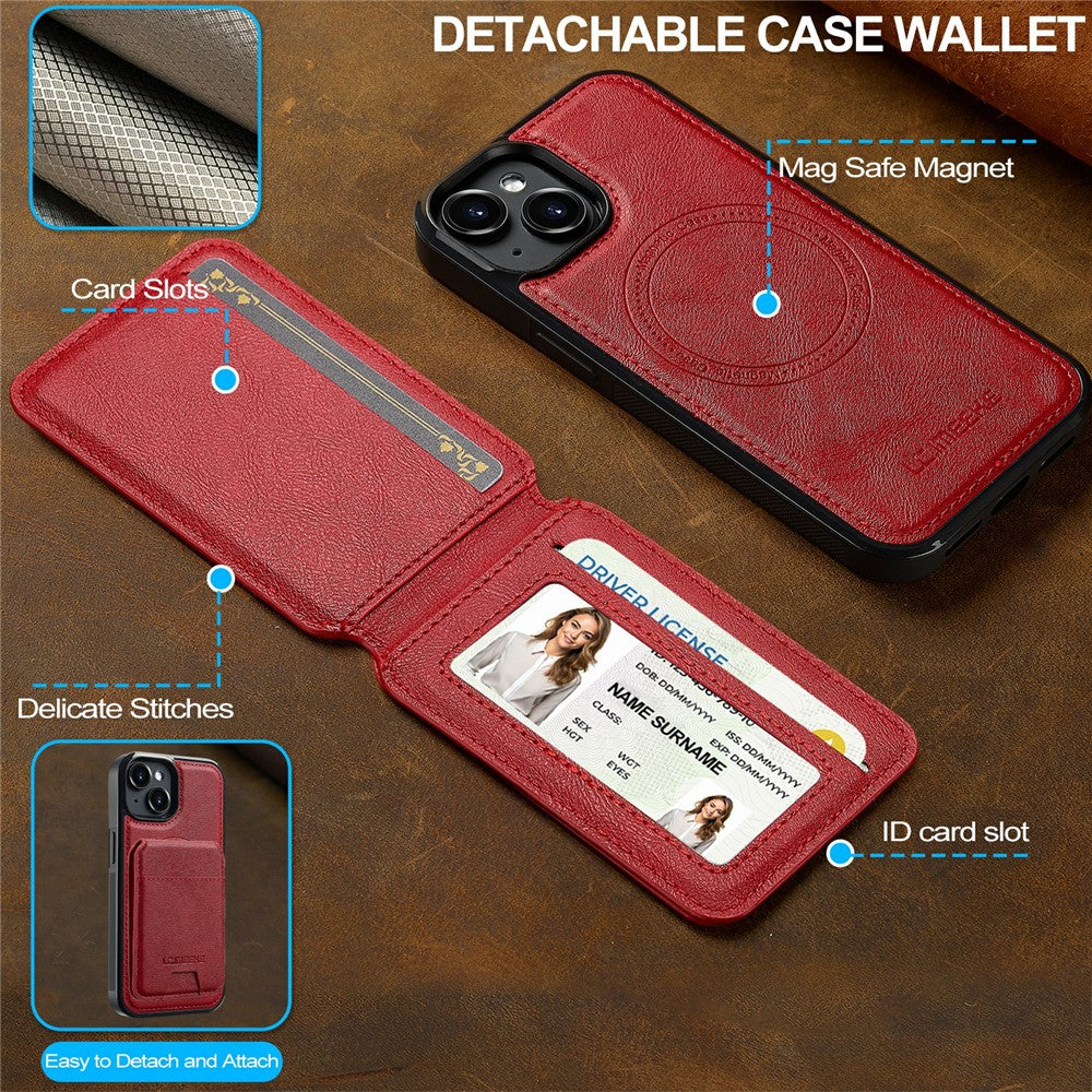 LC.IMEEKE L3 For iPhone 15 Plus Magnetic Case Detachable Card Holder Leather+TPU Mobile Cover