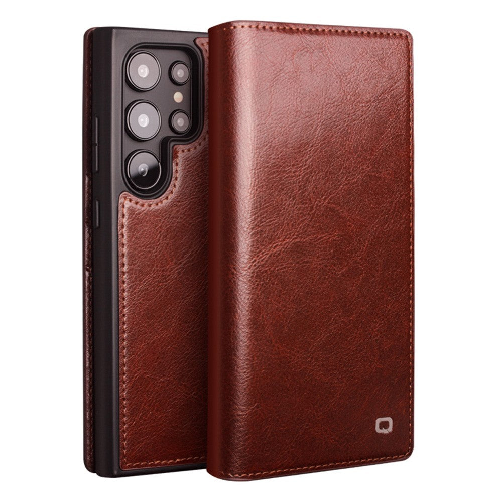 QIALINO For Samsung Galaxy S25 Ultra Case Genuine Cowhide Leather Flip Wallet Phone Cover with Stand