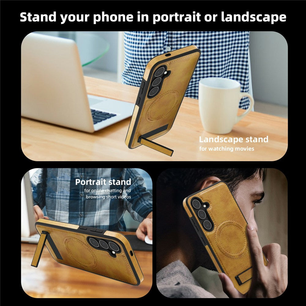 For Samsung Galaxy S25 Magnetic Case with Folded Kickstand PC Silicone Leather Phone Back Cover