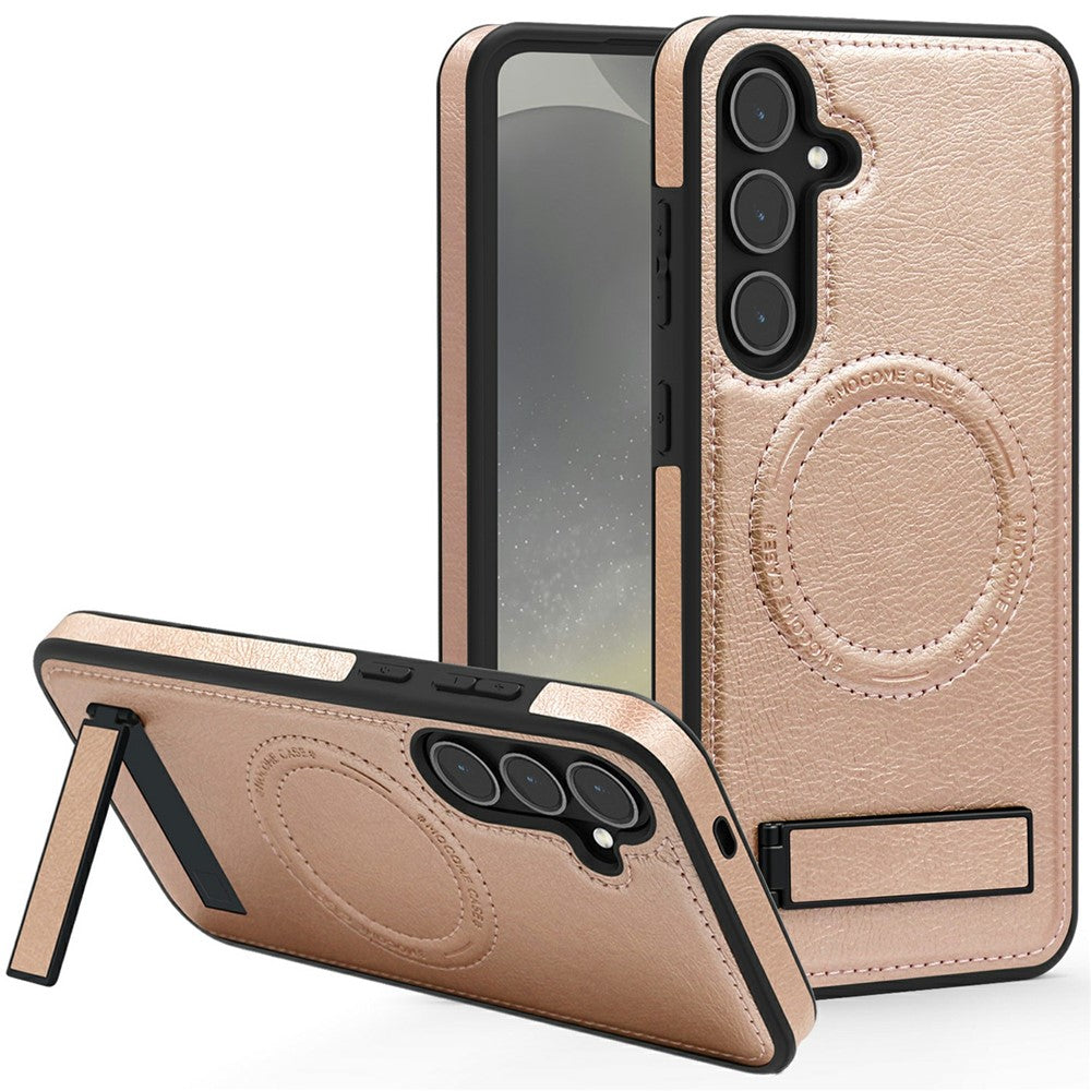 For Samsung Galaxy S25 Magnetic Case with Folded Kickstand PC Silicone Leather Phone Back Cover
