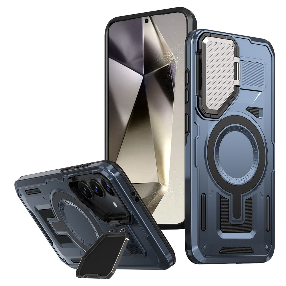 For Samsung Galaxy S25 / S24 Magnetic Case Lens Lid Kickstand PC+TPU Back Cover