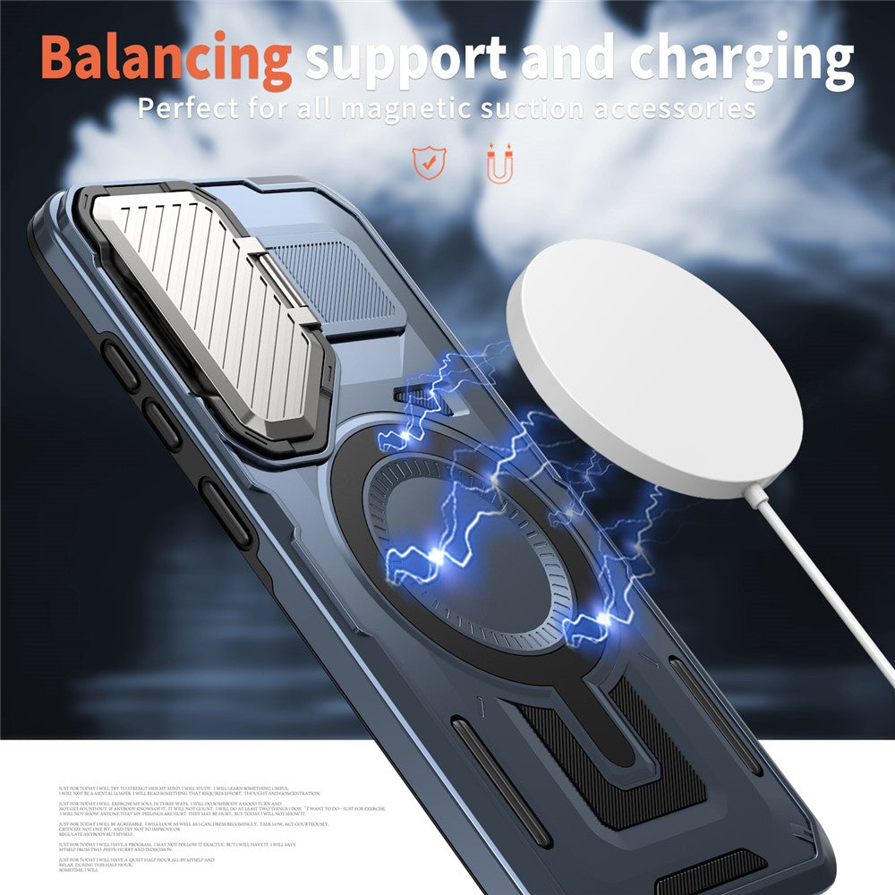 For Samsung Galaxy S25 / S24 Magnetic Case Lens Lid Kickstand PC+TPU Back Cover
