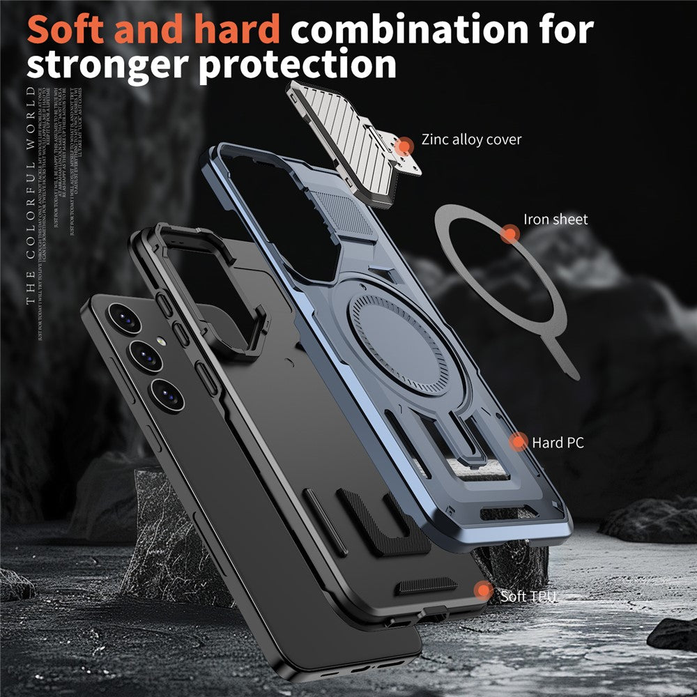 For Samsung Galaxy S25 / S24 Magnetic Case Lens Lid Kickstand PC+TPU Back Cover