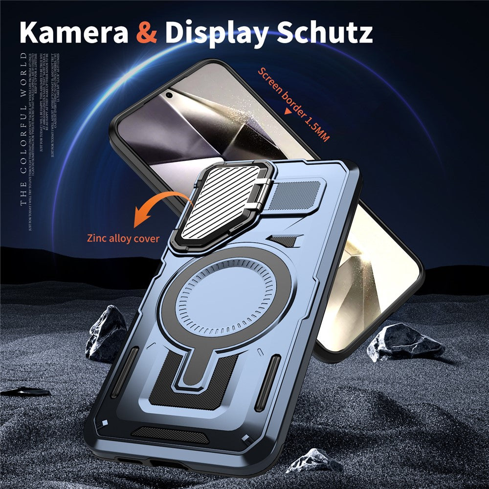 For Samsung Galaxy S25 / S24 Magnetic Case Lens Lid Kickstand PC+TPU Back Cover