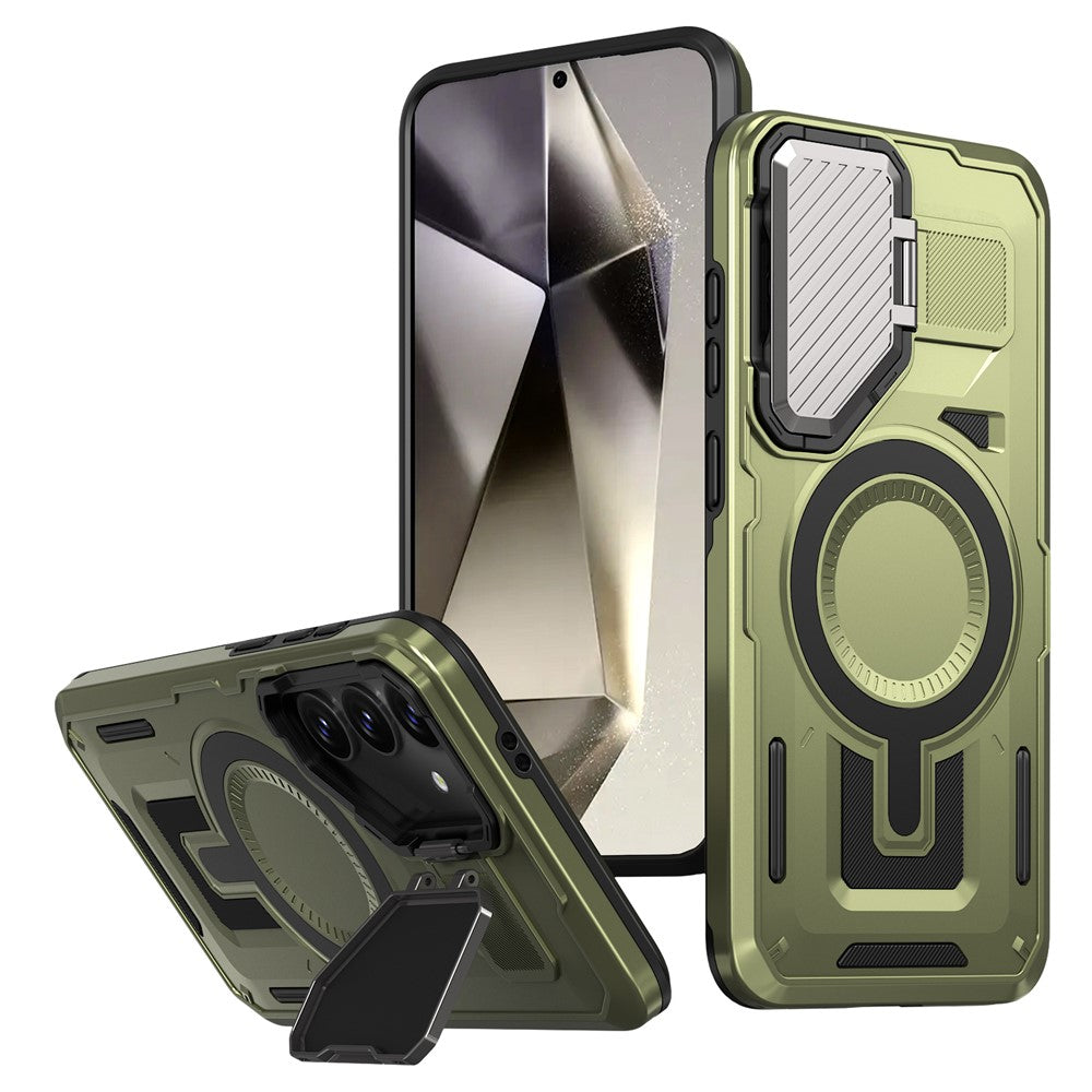 For Samsung Galaxy S25 / S24 Magnetic Case Lens Lid Kickstand PC+TPU Back Cover