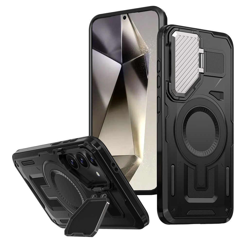For Samsung Galaxy S25 / S24 Magnetic Case Lens Lid Kickstand PC+TPU Back Cover