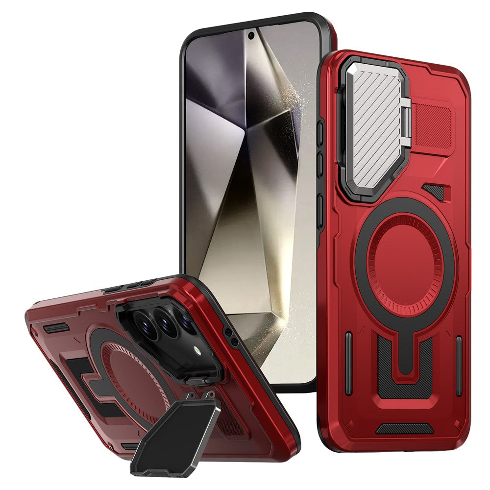 For Samsung Galaxy S25 / S24 Magnetic Case Lens Lid Kickstand PC+TPU Back Cover