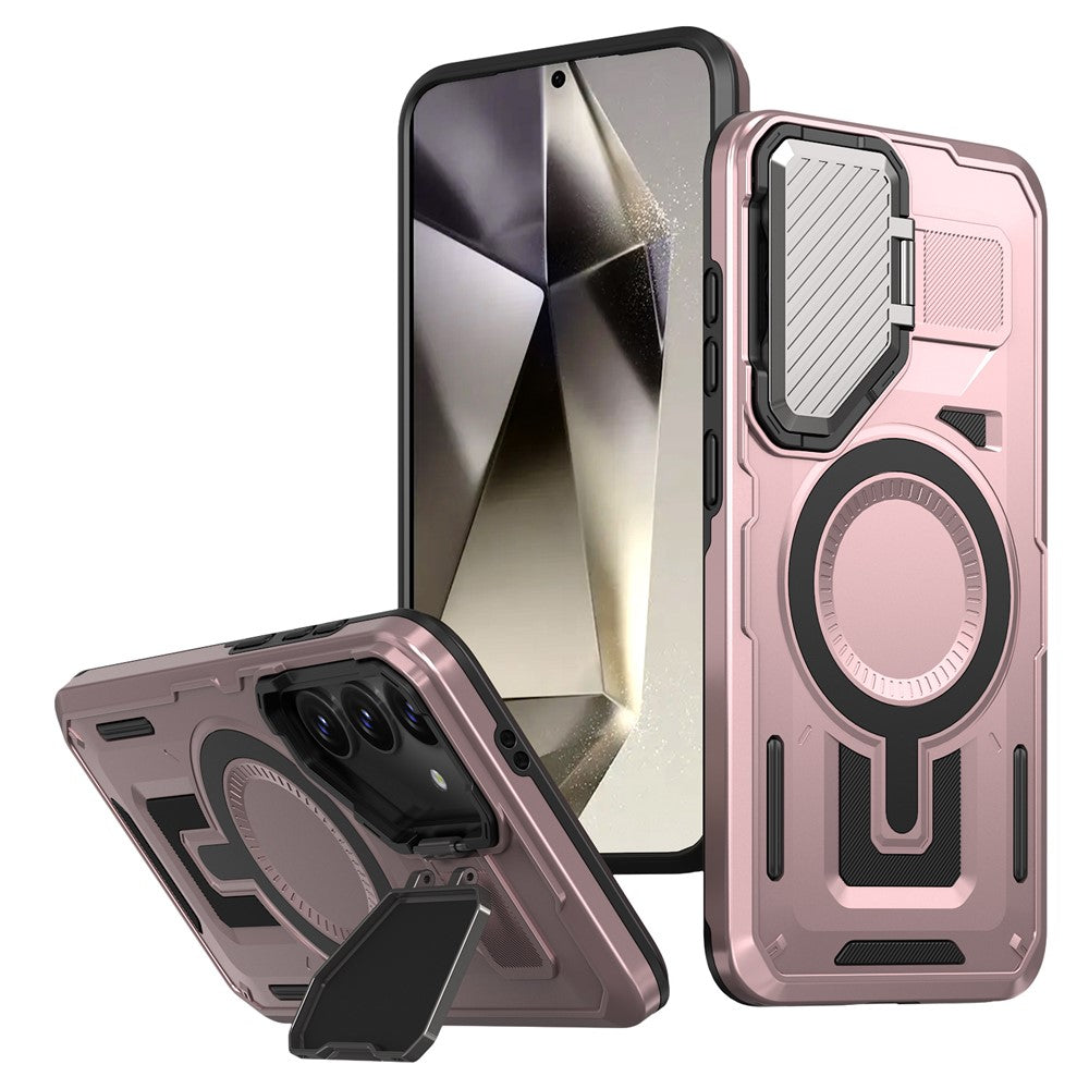 For Samsung Galaxy S25 / S24 Magnetic Case Lens Lid Kickstand PC+TPU Back Cover