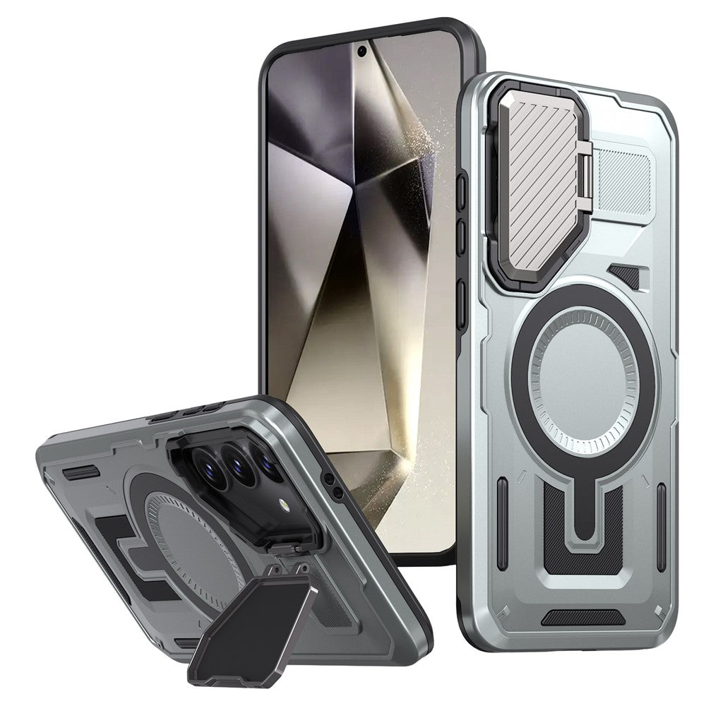 For Samsung Galaxy S25 / S24 Magnetic Case Lens Lid Kickstand PC+TPU Back Cover