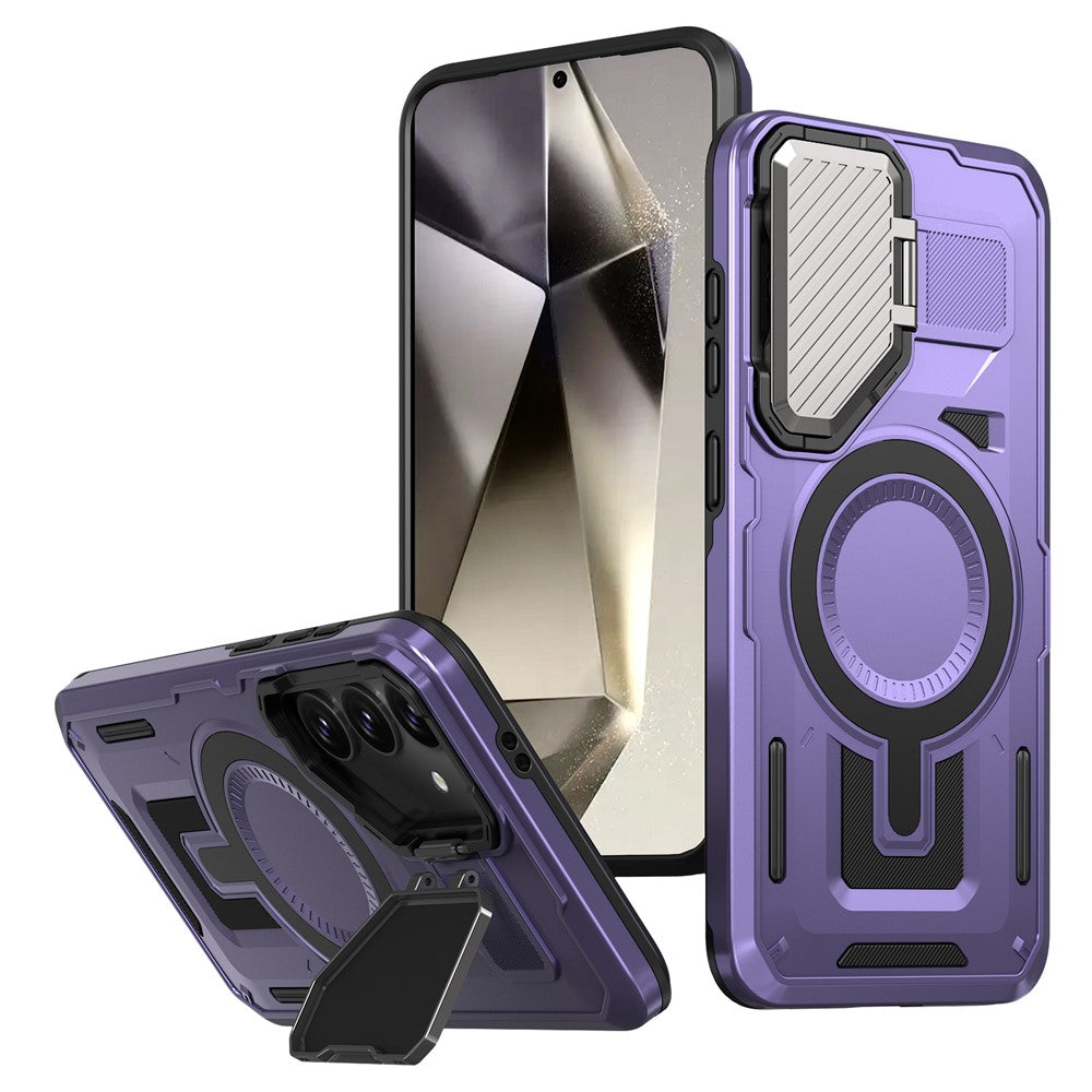 For Samsung Galaxy S25 / S24 Magnetic Case Lens Lid Kickstand PC+TPU Back Cover