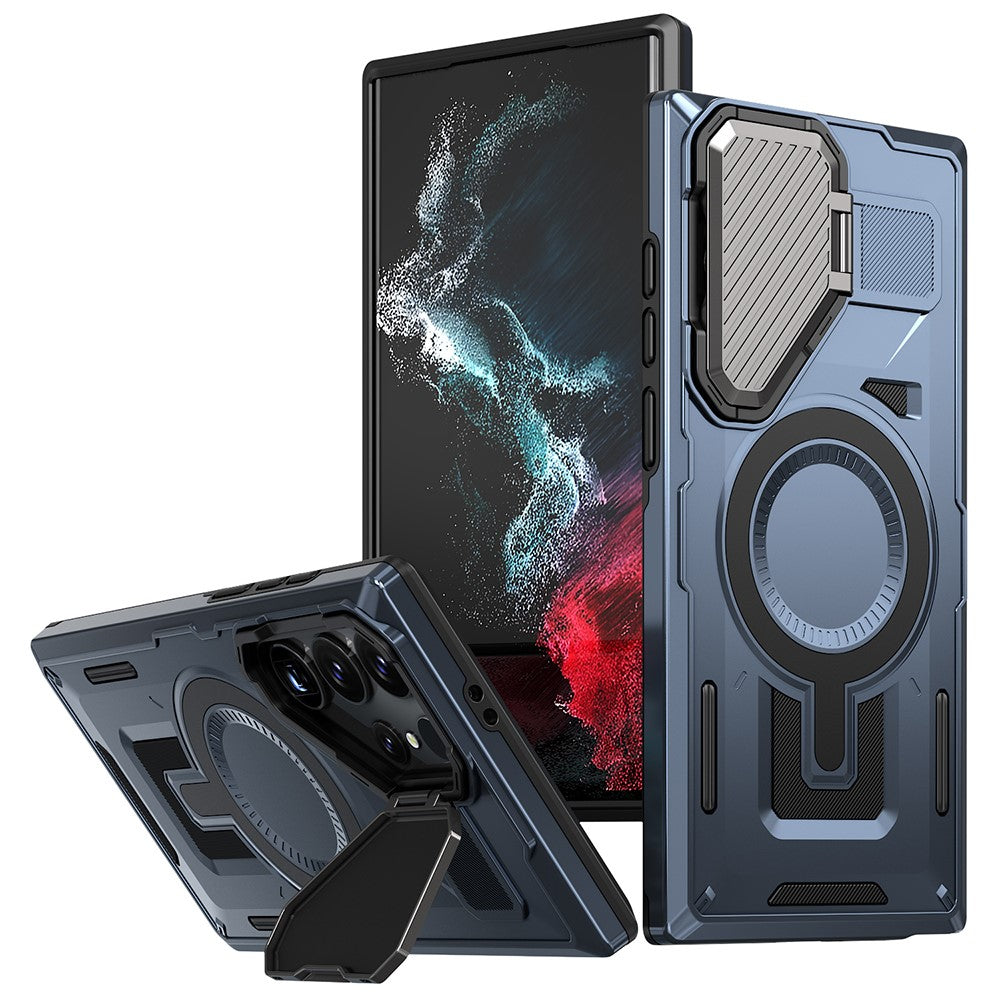 For Samsung Galaxy S23 Ultra / S22 Ultra 5G Magnetic Case Lens Lid Kickstand PC+TPU Back Cover