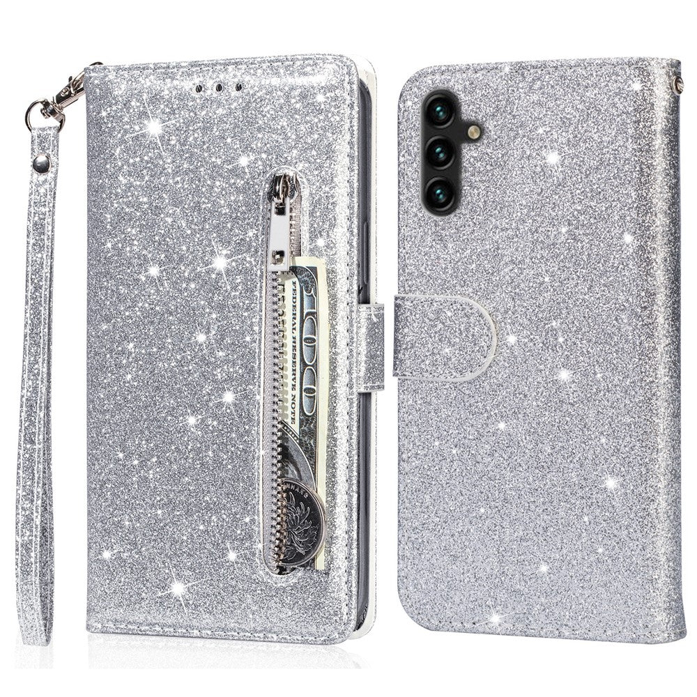 Til Samsung Galaxy A56 5G Stand Etui Glitter Telefon Læder Cover Lynlåslomme
