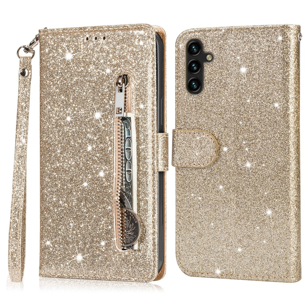 Til Samsung Galaxy A56 5G Stand Etui Glitter Telefon Læder Cover Lynlåslomme