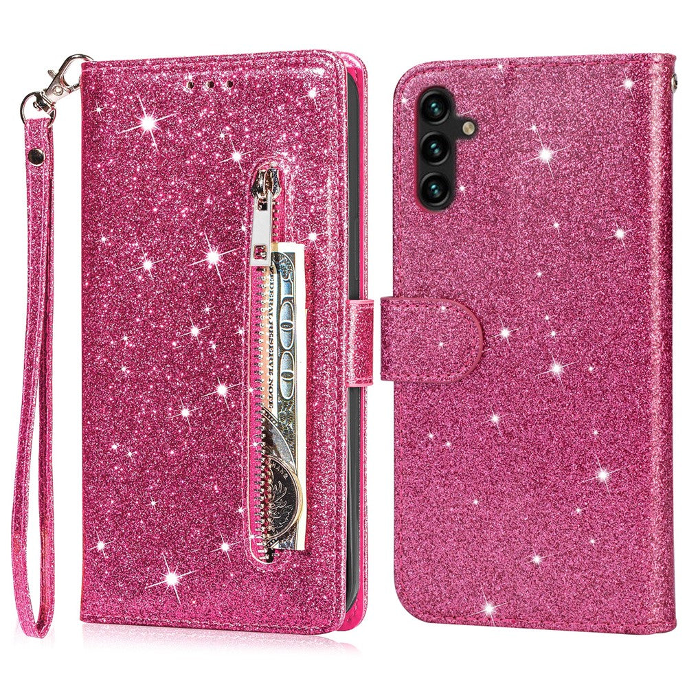 Til Samsung Galaxy A56 5G Stand Etui Glitter Telefon Læder Cover Lynlåslomme