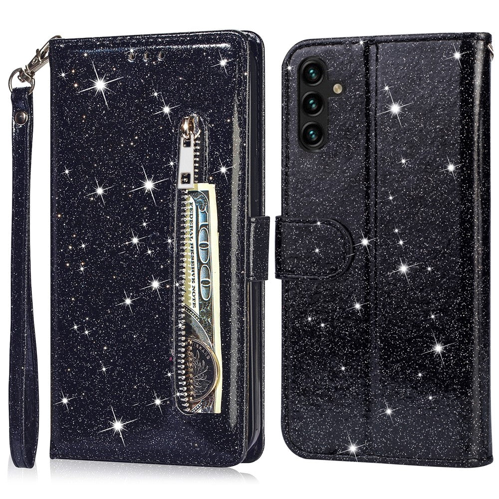 Til Samsung Galaxy A56 5G Stand Etui Glitter Telefon Læder Cover Lynlåslomme