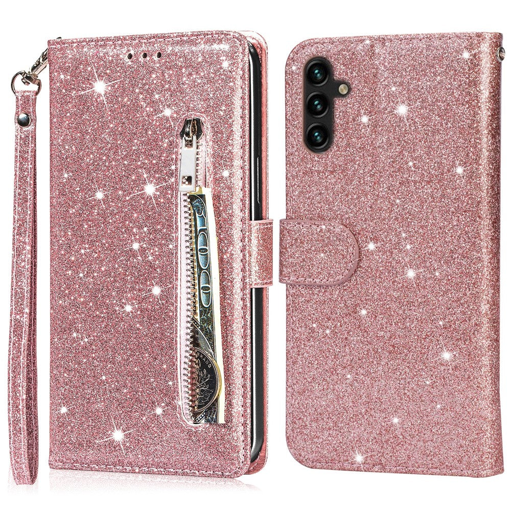 Til Samsung Galaxy A56 5G Stand Etui Glitter Telefon Læder Cover Lynlåslomme