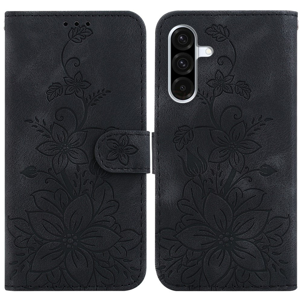 Samsung Galaxy A18 4G / A18 5G / A17 4G / A17 5G / A26 5G-skal, læderfodral med stativ og liljeblomst