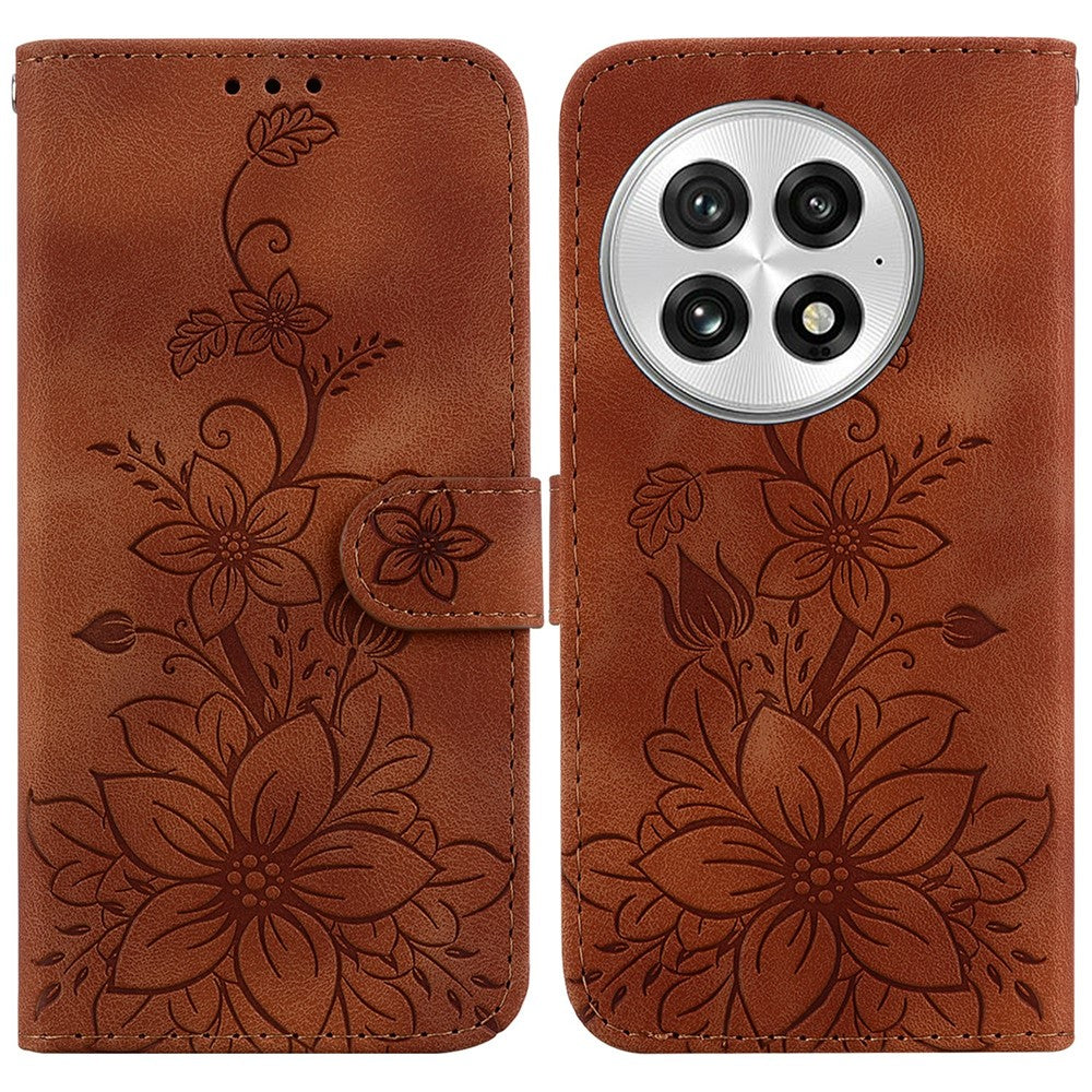 OnePlus 13-skal Lily Flower Imprint Lädermobilskal med stativ