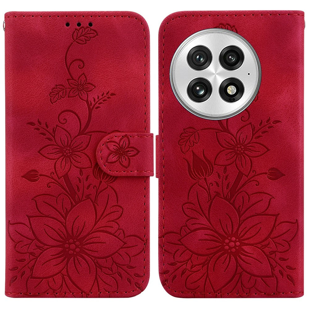 OnePlus 13-skal Lily Flower Imprint Lädermobilskal med stativ