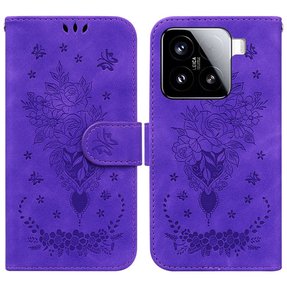 For Xiaomi 15 Case PU Leather Wallet Phone Cover Butterfly Flower Imprint