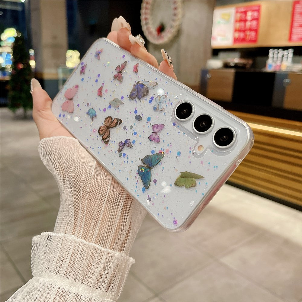 Til Samsung Galaxy A16 5G / A16 4G Cover Anti Drop TPU Telefon Bagside Epoxy Glitter Sommerfugl