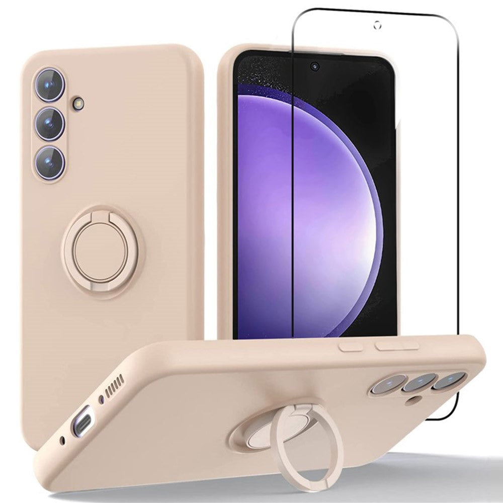 For Samsung Galaxy A26 5G Case Liquid Silicone Kickstand Cover with 2.5D Arc Edge Tempered Glass Film