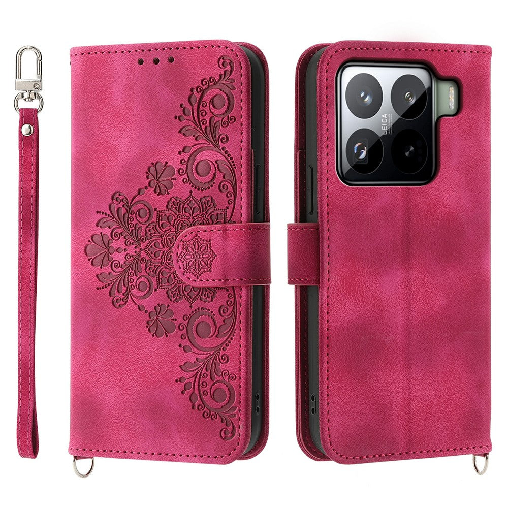 For Xiaomi 15 Pro Case Flower Pattern PU Leather Wallet Phone Cover with Strap