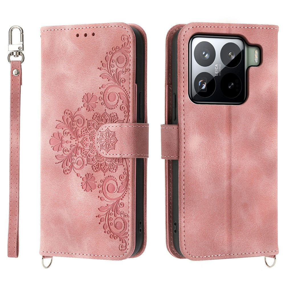 For Xiaomi 15 Pro Case Flower Pattern PU Leather Wallet Phone Cover with Strap
