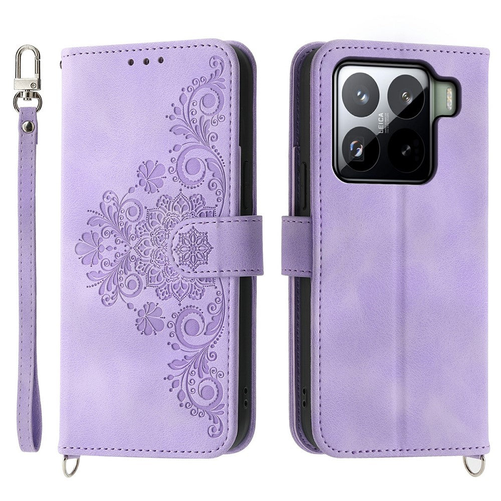 For Xiaomi 15 Pro Case Flower Pattern PU Leather Wallet Phone Cover with Strap