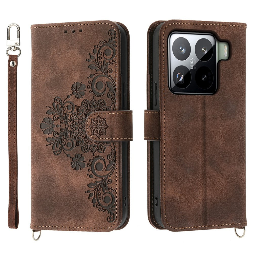 For Xiaomi 15 Pro Case Flower Pattern PU Leather Wallet Phone Cover with Strap