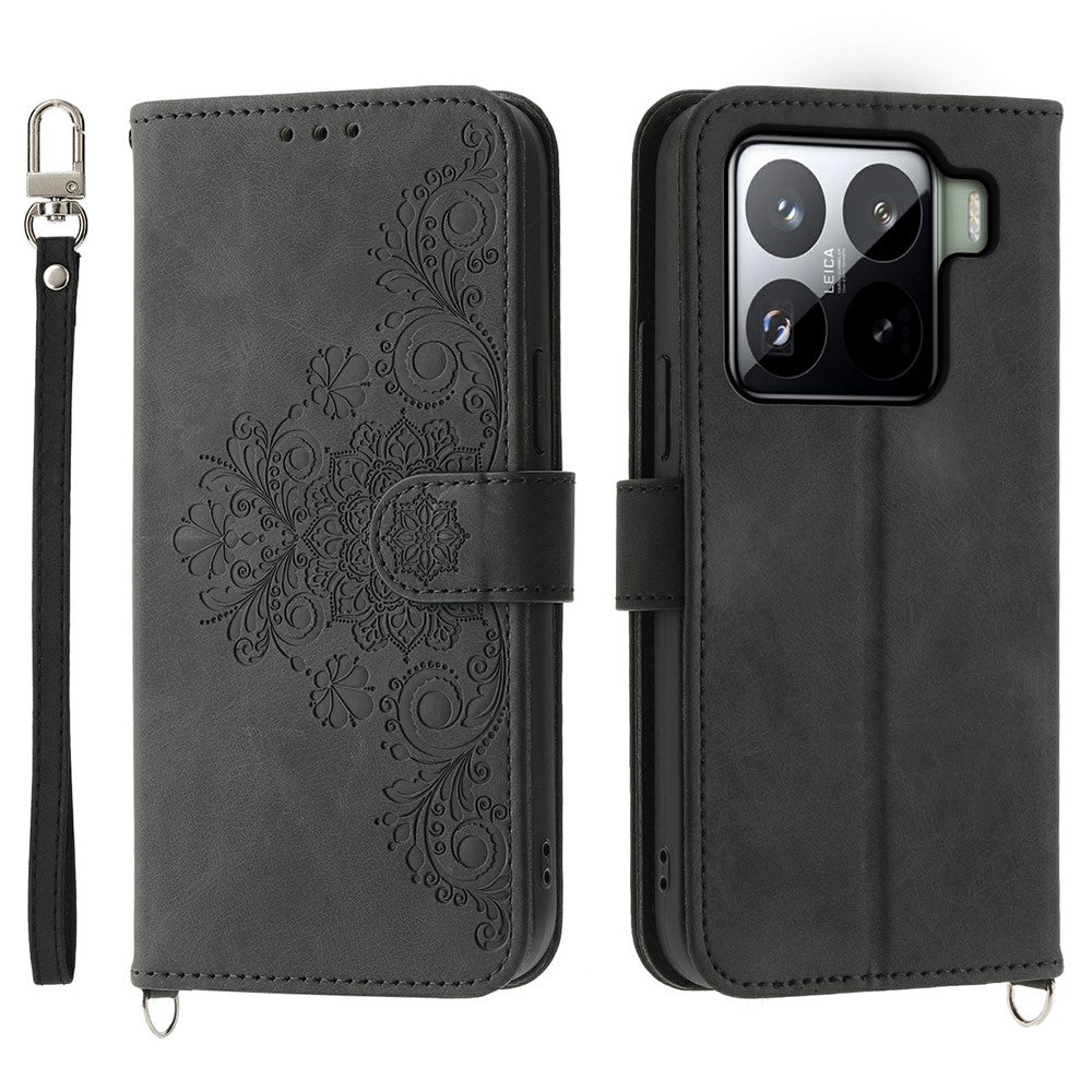 For Xiaomi 15 Pro Case Flower Pattern PU Leather Wallet Phone Cover with Strap