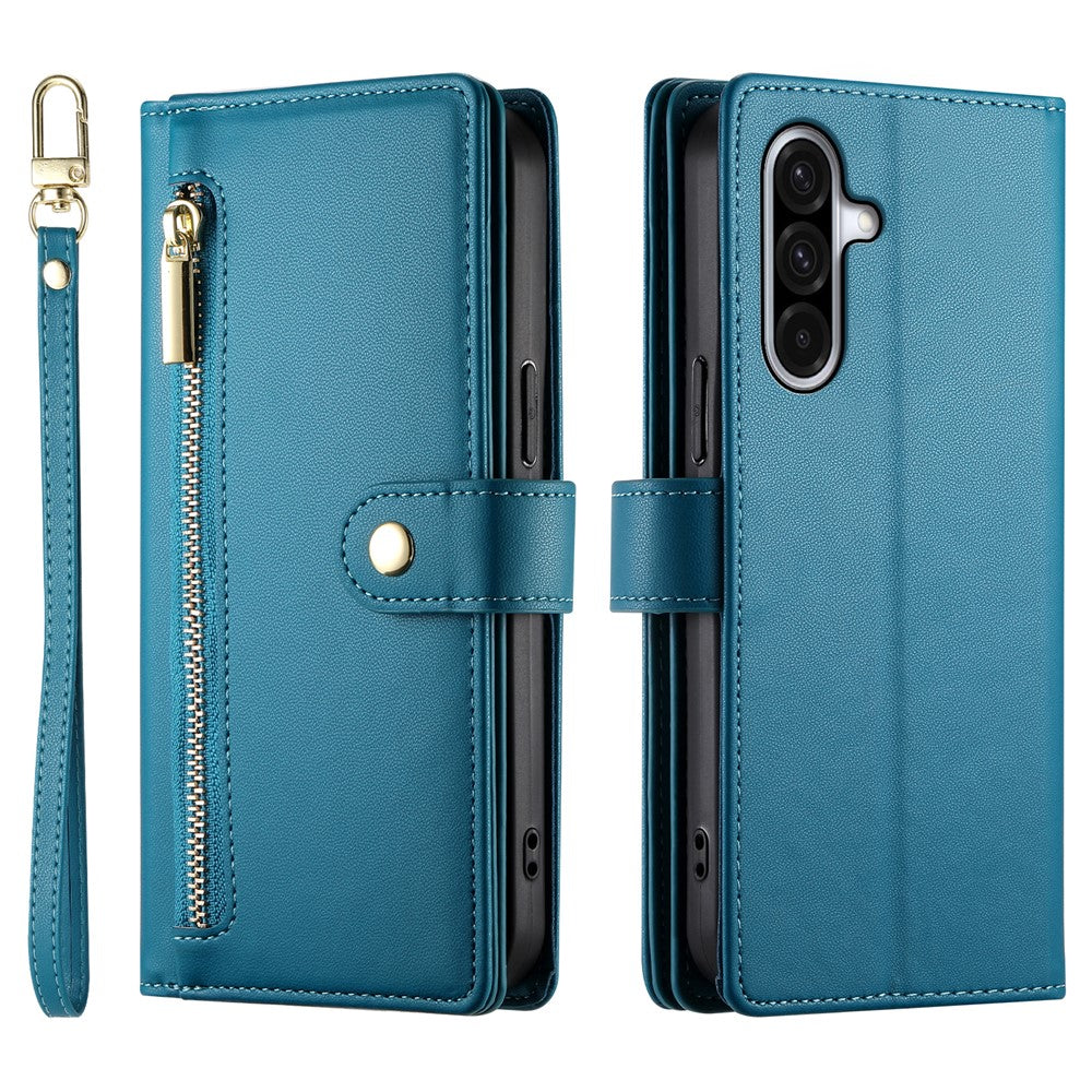 DF-011 For Samsung Galaxy A56 5G Case Zipper Pocket Wallet Leather Phone Cover with Straps