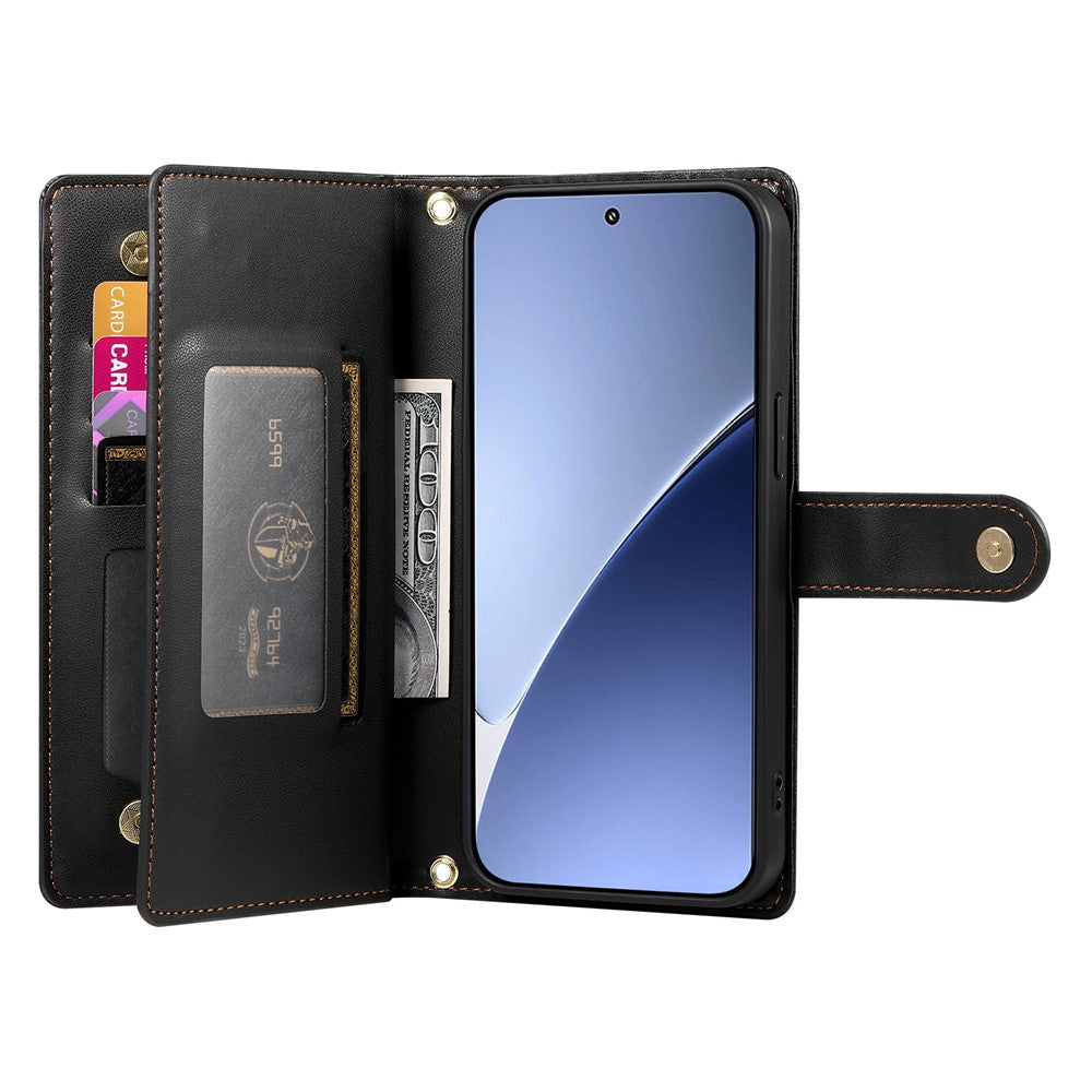 DF-011 For Xiaomi 15 Pro Case Zipper Pocket Wallet Leather Phone Cover with Straps