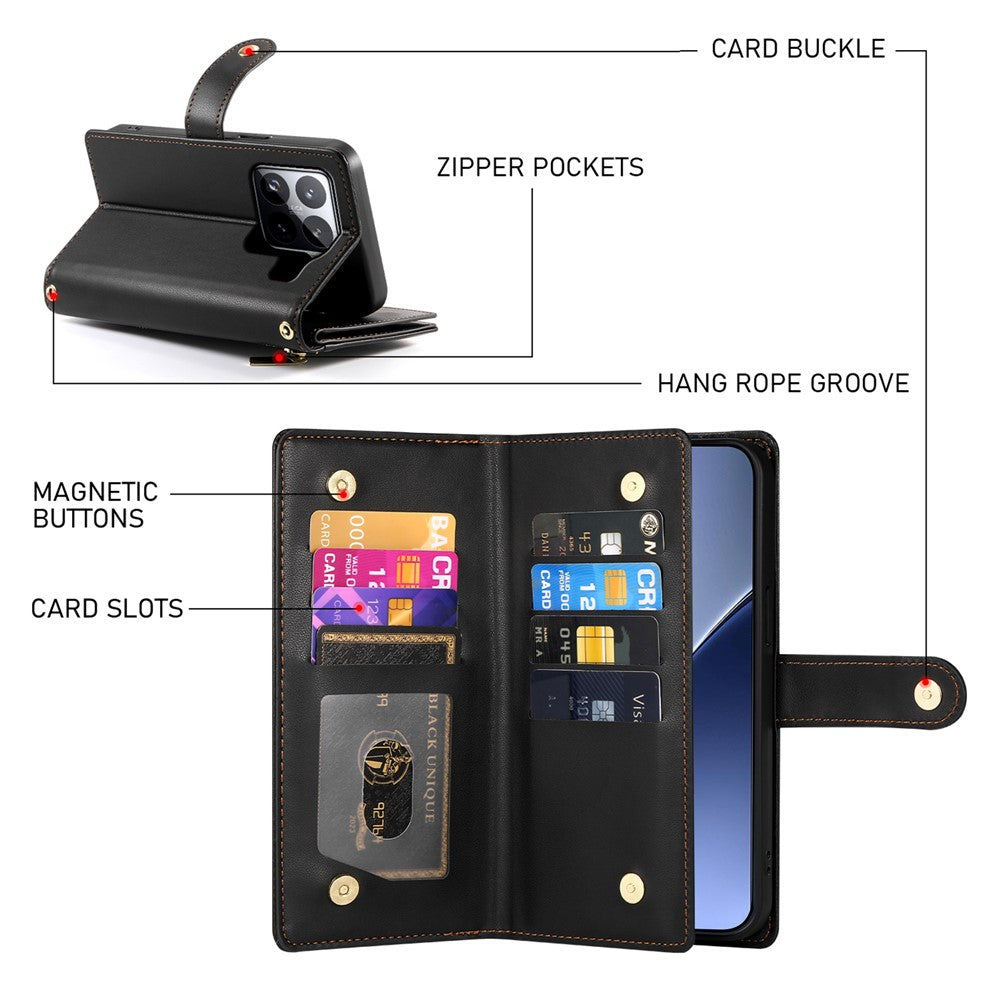 DF-011 For Xiaomi 15 Pro Case Zipper Pocket Wallet Leather Phone Cover with Straps