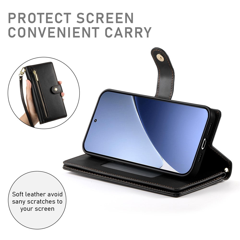 DF-011 For Xiaomi 15 Pro Case Zipper Pocket Wallet Leather Phone Cover with Straps