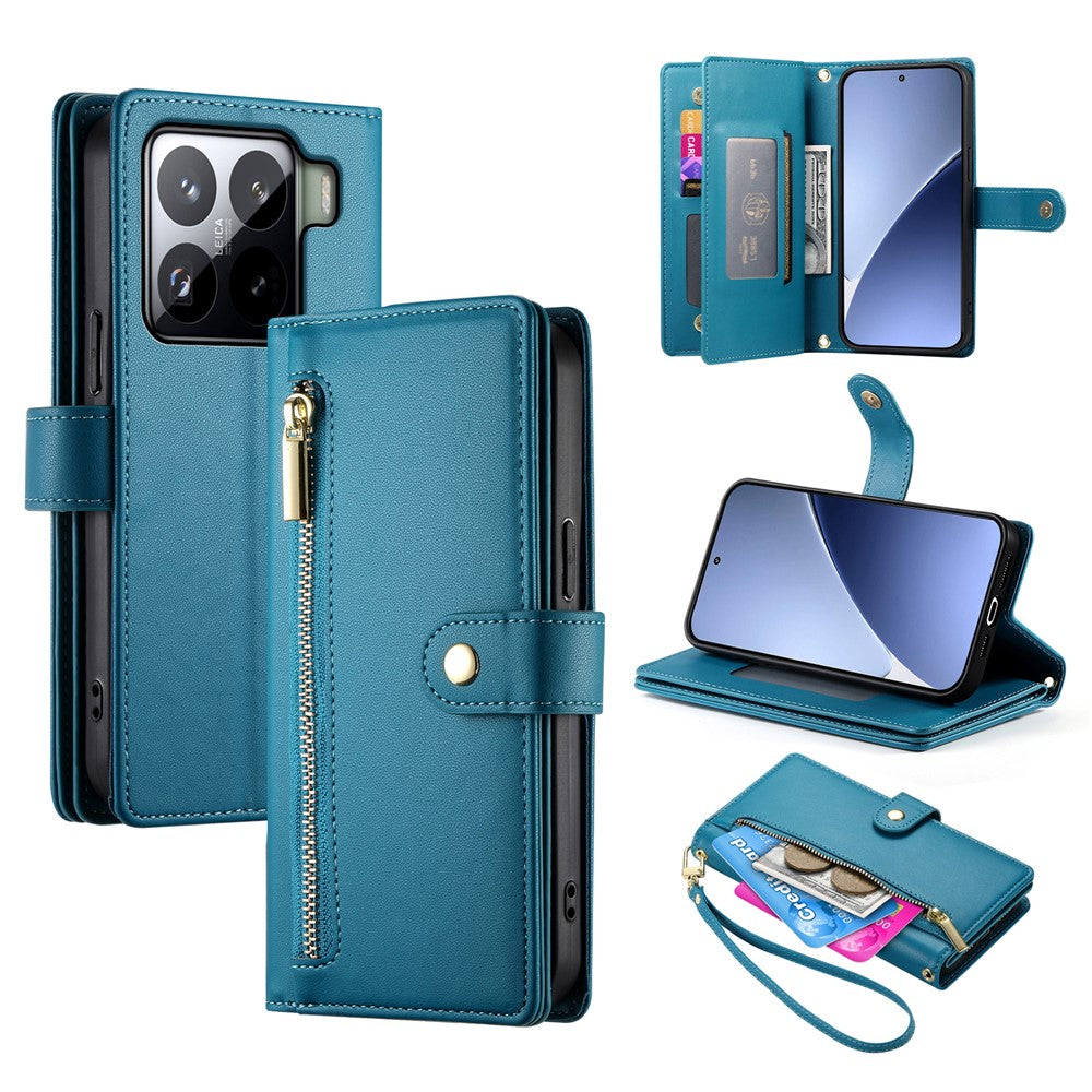 DF-011 For Xiaomi 15 Pro Case Zipper Pocket Wallet Leather Phone Cover with Straps