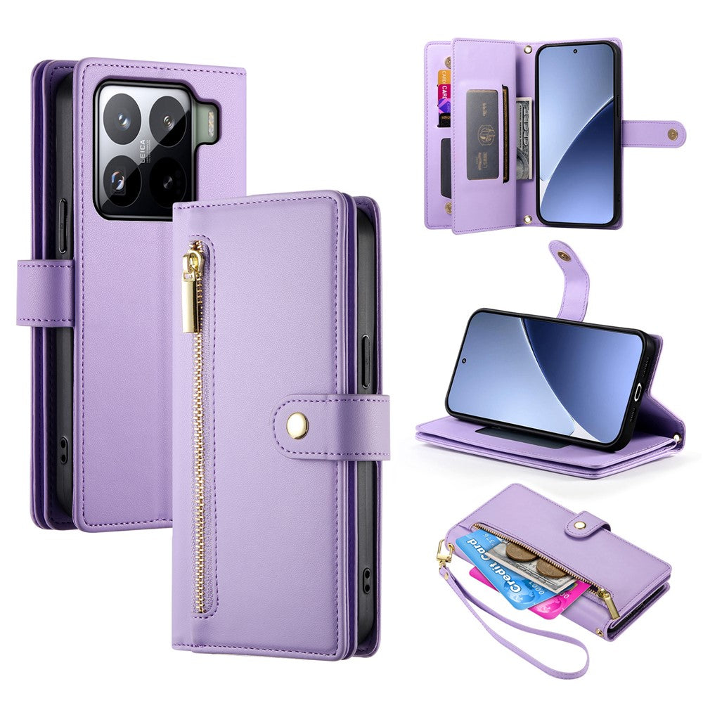 DF-011 For Xiaomi 15 Pro Case Zipper Pocket Wallet Leather Phone Cover with Straps