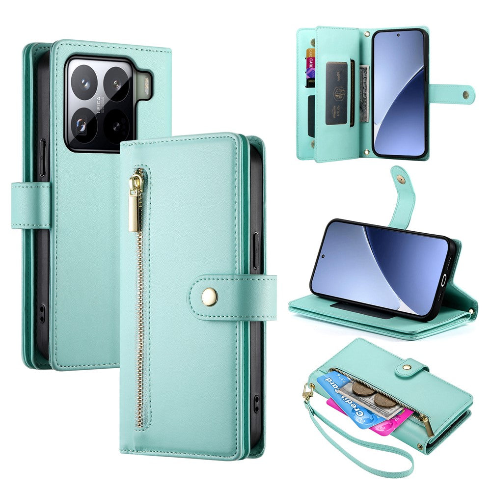 DF-011 For Xiaomi 15 Pro Case Zipper Pocket Wallet Leather Phone Cover with Straps