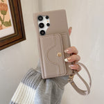 For Samsung Galaxy S23 Ultra Case Mirror Design PU Leather Back Cover with Card Slots, Wrist Strap