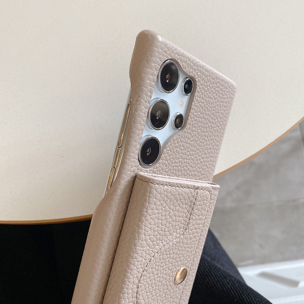 For Samsung Galaxy S23 Ultra Case Mirror Design PU Leather Back Cover with Card Slots, Wrist Strap