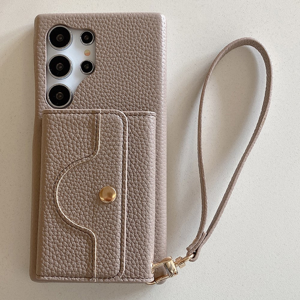 For Samsung Galaxy S23 Ultra Case Mirror Design PU Leather Back Cover with Card Slots, Wrist Strap