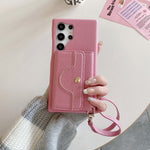 For Samsung Galaxy S23 Ultra Case Mirror Design PU Leather Back Cover with Card Slots, Wrist Strap