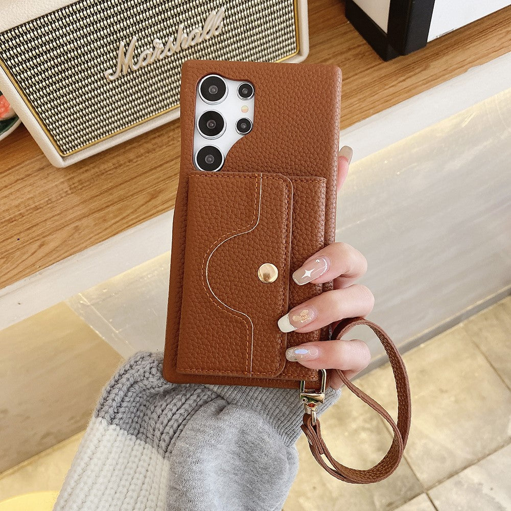 For Samsung Galaxy S23 Ultra Case Mirror Design PU Leather Back Cover with Card Slots, Wrist Strap