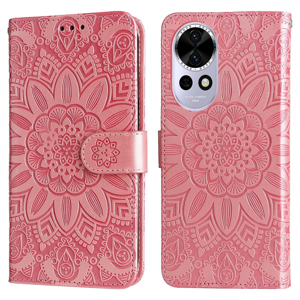 Huawei Nova 13 5G / Nova 12 5G-skal, läderplånbok med solrosmotiv, mobilfodral